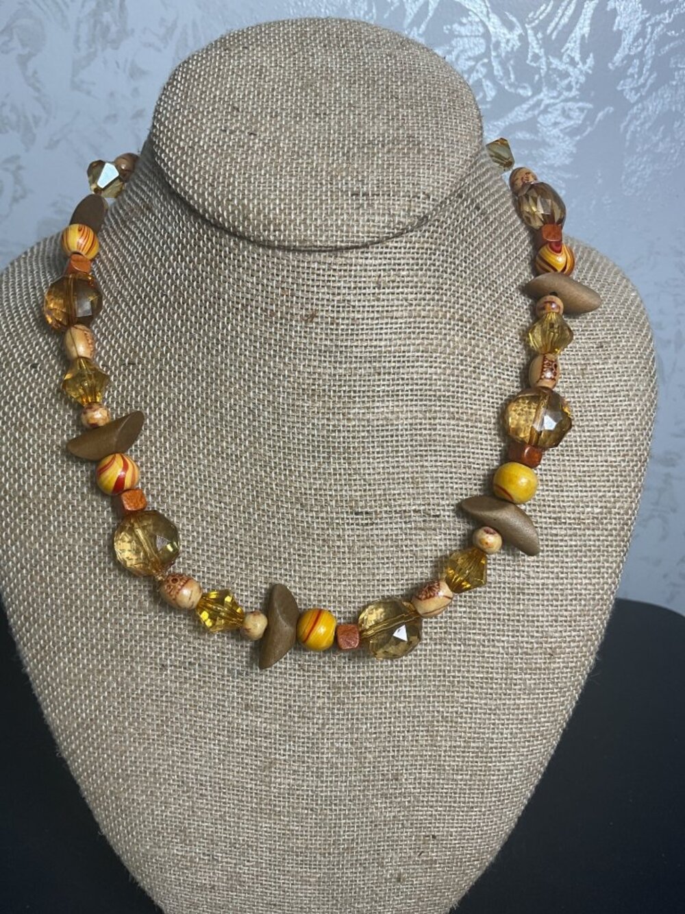 Boho Faux Amber Lucite Resin Statement Necklace Chunky Earthy Vintage Aesthetic